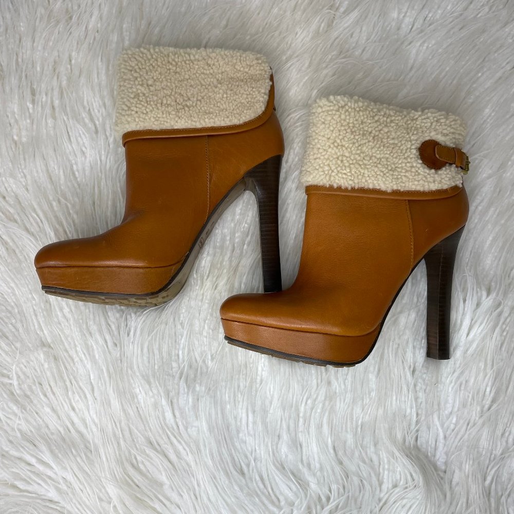 Coach Shearling Boots Apple Leather High Heels Luggage Brown Size 9.5